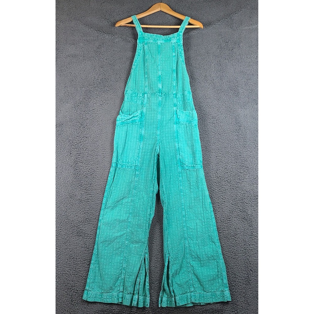 Free People Savannah Teal Green Textured Cotton Wide Leg Overalls Jumpsuit XS